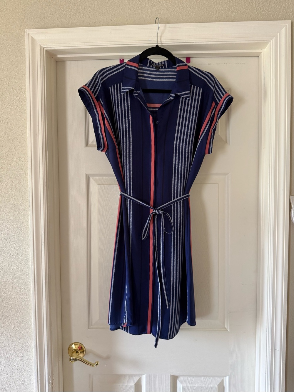 Express Navy and Coral Striped Tie-Waist Shirt Dress